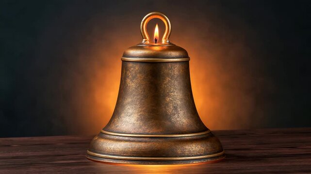 Antique Brass Advent Bell on Dark Wood in Candlelight