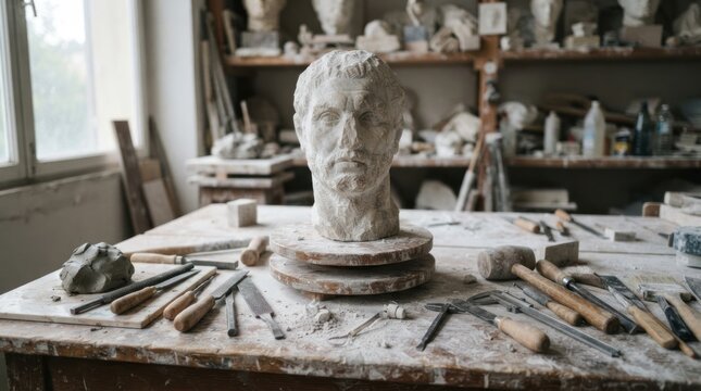 Stone sculptor workshop with unfinished marble bust and tools.
