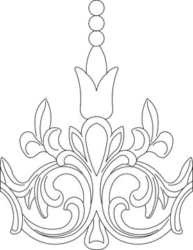 Technical line art of a symmetrical ornamental motif featuring scrolling acanthus leaves and a floral finial, suitable for wrought ironwork or classical decoration.