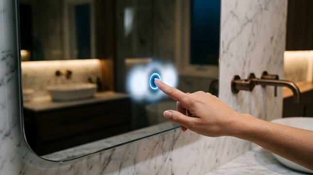 Person touching smart bathroom mirror with glowing circular touch button