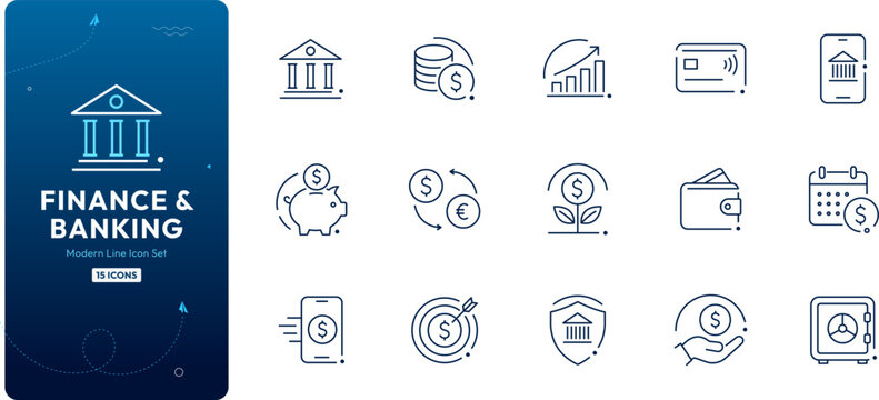 Finance and Banking Modern Line Icon Set for Payment Security Investment Mobile Banking and Business Vector