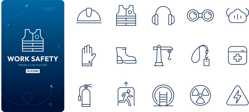 Workplace Safety and Personal Protective Equipment Vector Icon Set Featuring Helmet, Vest, Boot, and Mask