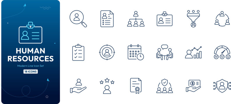Human resources line icon set featuring recruitment headhunting management team structure and hiring symbol