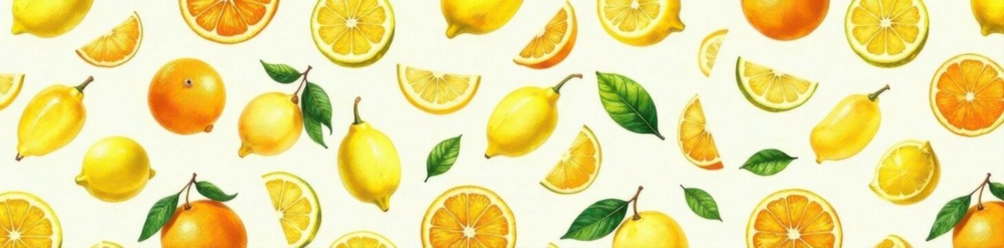 Watercolor style citrus fruit pattern; seamless lemon, banana, orange design for textiles, wallpaper, clothes