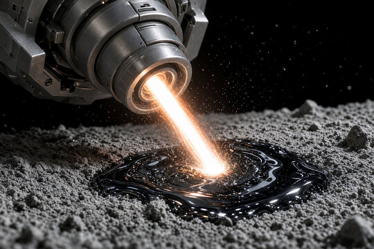 Mondstaub schmilzt durch Hitzestrahl zu schwarzem Glas, Weltraum B2B