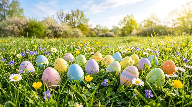 Colorful Easter Eggs in Green Grass Field Under Sunlight