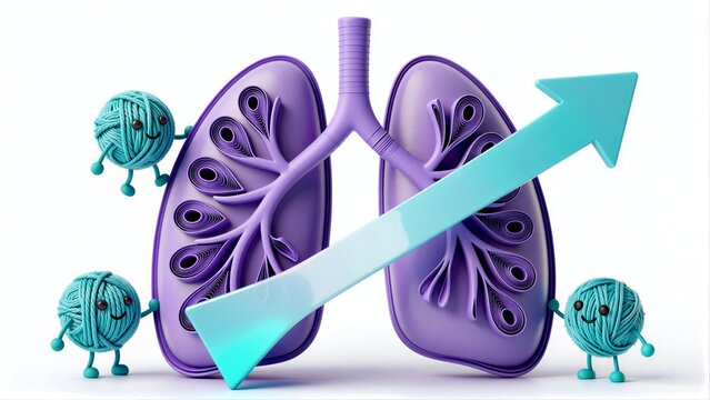 Purple lungs with happy yarn characters and a rising arrow symbolizing improved health.