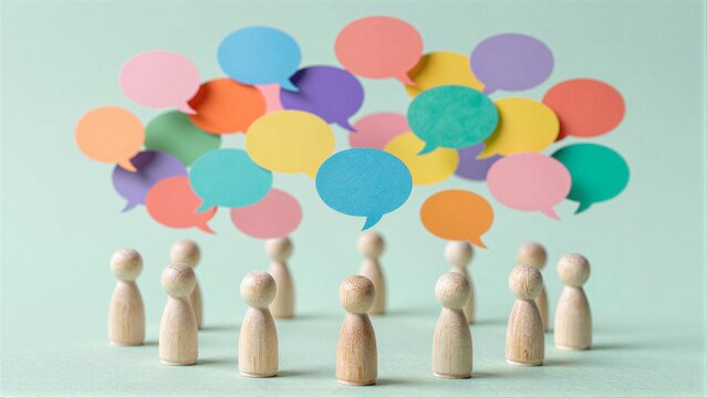 Wooden figures gather beneath colorful speech bubbles, symbolizing diverse communication.