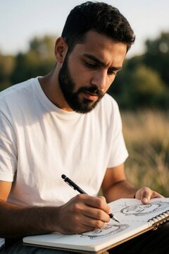 Young man with beard draws caricatures in notepad outdoors. Artist sketches portraits with pen. He is focused on his creative hobby on a sunny day in nature.