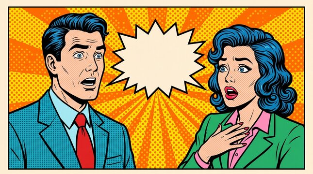 Pop Art Style Illustration of a Surprised Man and Woman with an Empty Speech Bubble Against a Yellow Sunburst Background