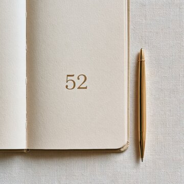 A weekly planner page is open to number 52 with a gold pen next to it on warm paper. This setup shows planning for the upcoming year.