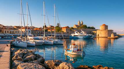Obraz premium Rhodes Old town, Dodecanese Islands, Greece, Europe: Ferry terminal, yachts and boat. Landscape photography, Rhodes town photo. Traveling in Greece, greek touristic concept