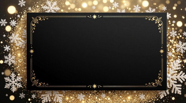 Elegant black rectangle with gold border surrounded by sparkling glitter, bokeh lights, and snowflake accents. Perfect for winter celebrations, invitations, or elegant party flyers.