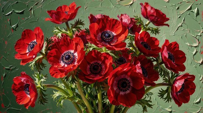 Vibrant red anemone flowers bloom in rich bouquet. Bright petals, dark centers stand out against textured green background. Artistic oil painting style shows detailed botanical beauty. Close up view