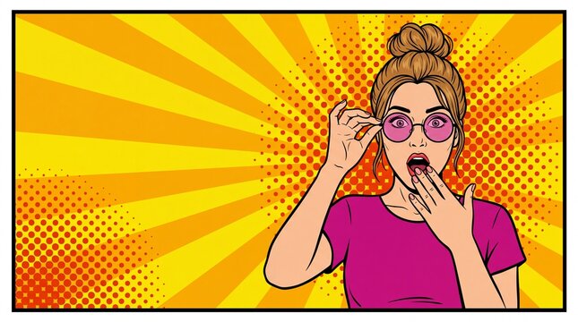 Pop art style shocked woman holding glasses with wide open mouth on yellow halftone banner background vector