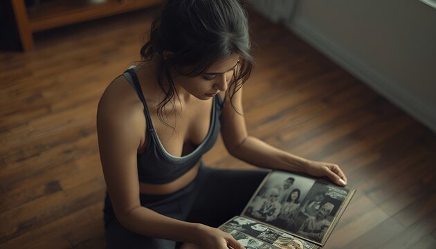 Emotional image of sad young Asian woman sitting alone on a wooden floor, tearfully holding an antique family album. Looking at photos of her deceased parents, her expressive face reflects deep grief