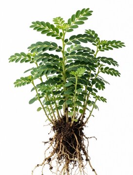 Fresh green seedling root ball stands isolated against white backdrop. Multiple pinnate leaves sprout from fibrous roots system. Show natural botanical growth for herb study or eco concept.
