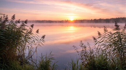 Obraz premium Calm lake at sunrise with mist rising and reeds in foreground. Pastel sky colors reflect on still water surface with distant forest horizon line.