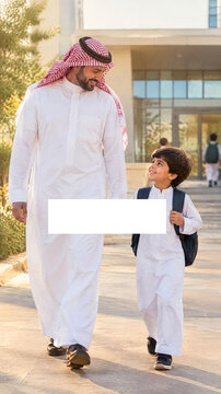 Arab Father and Son in Traditional Clothing Walking Outdoors with Backpack