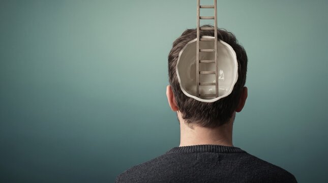 Man with ladder emerging from open skull conceptual photography