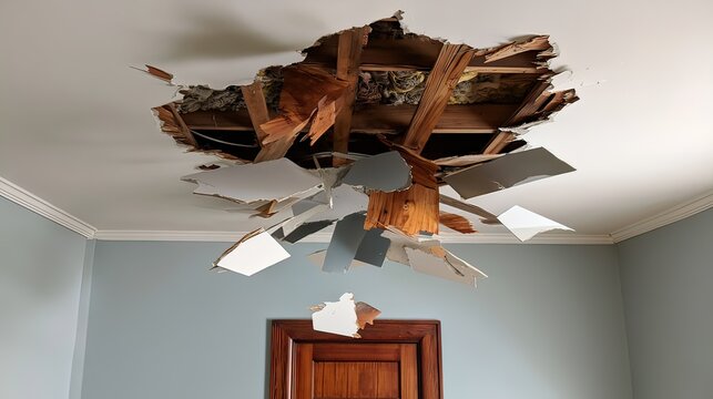 Damaged Ceiling with Exposed Beams and Detaching Drywall Panels in Indoor Space Undergoing Repair or Renovation