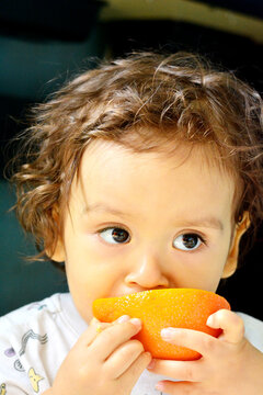 Cute toddler eating the quarter of orange.