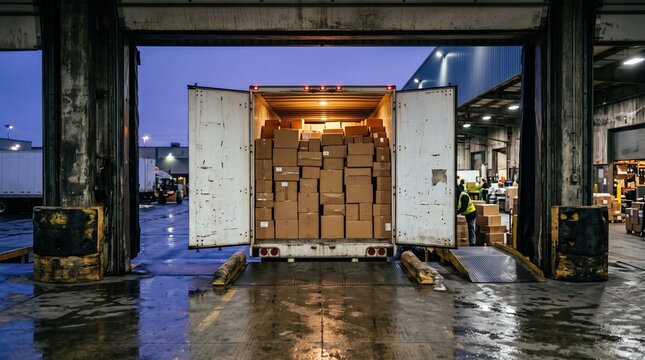 Semi truck being loaded with stacked cardboard boxes at a warehouse loading dock