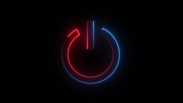 neon red and blue color glowing power button on a black background...