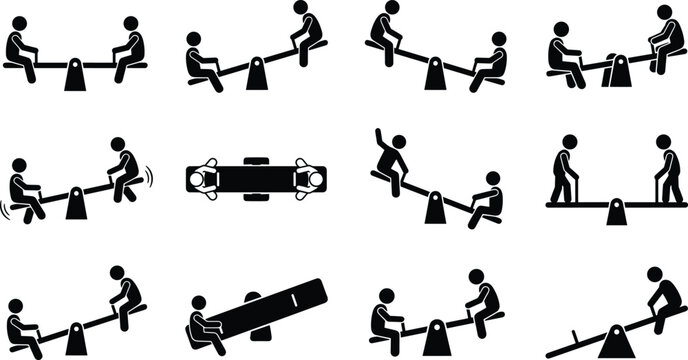 Seesaw vector icon set featuring playground teeter totter symbols stick figure people graphics childhood park equipment silhouettes and leverage signs