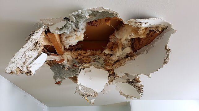 Damaged Ceiling Section with Exposed Insulation and Structural Issues from Water Leakage or Mold Infestation in a Home