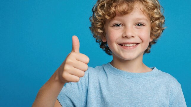 Young blonde boy with curly hair smiles brightly giving thumbs up. Wears light blue t-shirt against solid blue background. Studio shot shows cheerful, happy child in casual attire, exuding