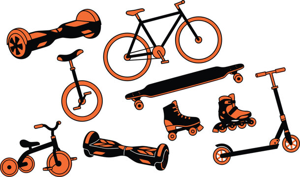 Black and orange eco friendly urban personal transportation vector elements set featuring bicycle scooter hoverboard skateboard roller skates unicycle tricycle.