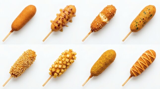 Top Down Grid Flavored Corn Dog Fried Snack Variations White Background

