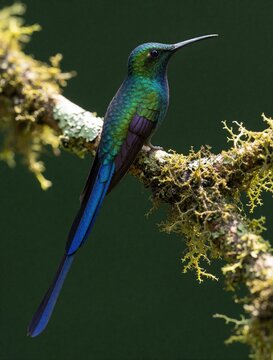Male long tailed sylph hummingbird perches on mossy branch. Bird has iridescent green feathers and long blue tail. Tiny avian rests on tree limb in forest setting.