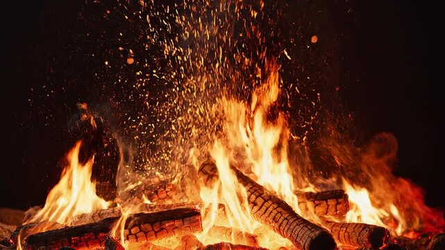Campfire flames crackling with embers rising in a dark forest setting with cinematic motion