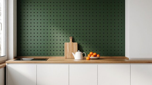 Modern kitchen with white cabinets and wooden countertop. Green pegboard wall organizes utensils and cookware. Fresh oranges are in a bowl near a teapot.