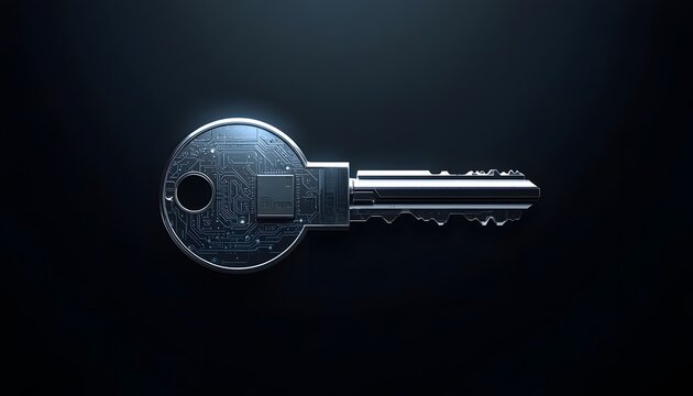 Metallic high tech key with integrated digital circuit board microchip on dark background.