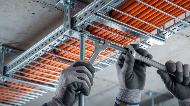 Worker tightens bolt on overhead wire basket tray installing cabling system on ceiling structure. Hands wear gloves, use wrench for securing metal frame.