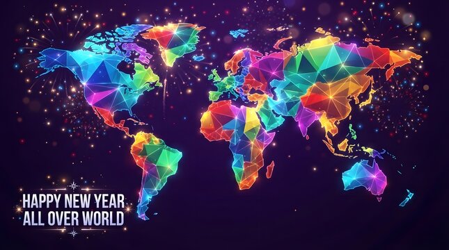 Colorful polygonal world map with vibrant hues and a celebratory new year's design