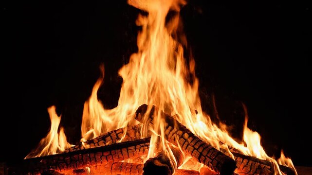 Campfire burning with warm orange flames dancing against a dark night sky