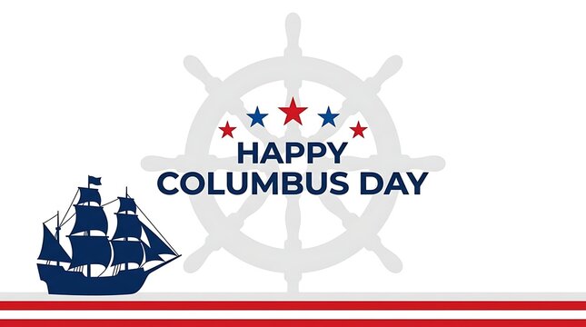 Columbus Day graphic with sailing ship and wheel