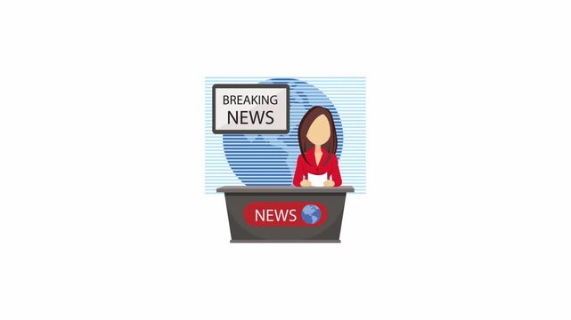 Female news anchor at a professional desk in a studio background suitable for urgent broadcast information.