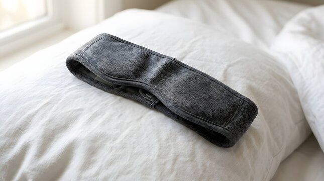 Grey fabric sleep mask resting on a white bedding pillow