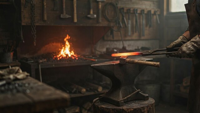 Blacksmith working with glowing hot metal on an anvil in a traditional workshop forge