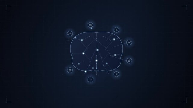 Neural network brain mapping displaying active synapsing points and diagnostic data circles in cyberspace.
