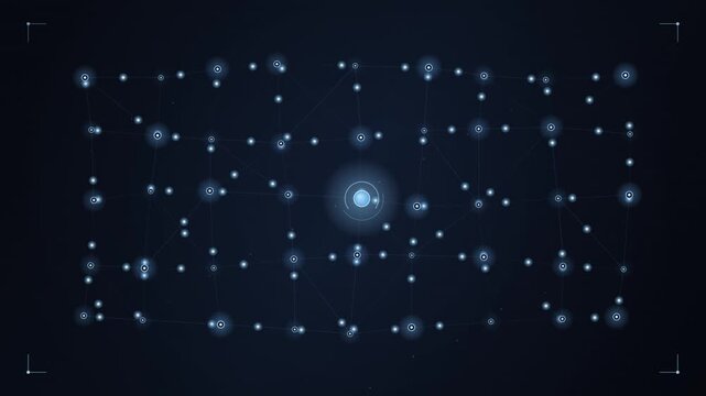 Matrix of glowing connection nodes forming a complex digital grid structure in a dark virtual space.