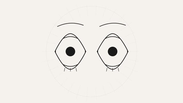 Minimalist facial outline featuring blinking mechanical eyes with thin lines on a plain light background.