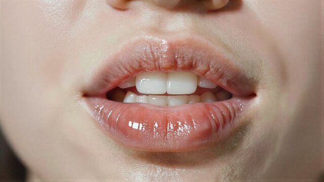 Glossy lips slightly parted, revealing bright white teeth in a close-up shot.