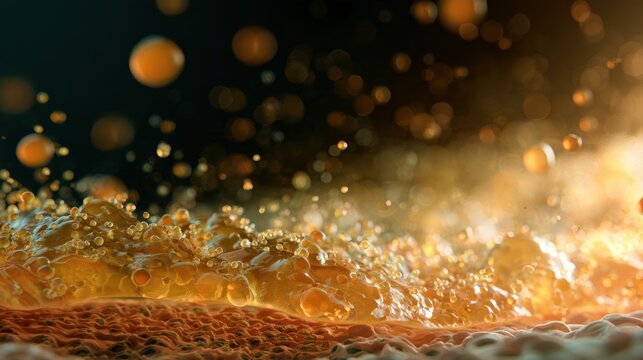 A thick amber mucus layer is shown acting as a defensive barrier in the gut wall between harsh lumen and sensitive cells underneath.