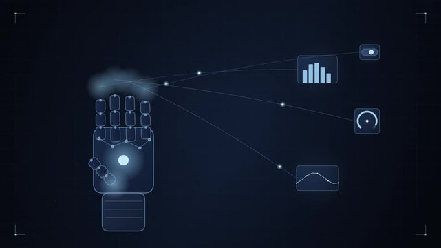 Cybernetic hand interface displaying digital telemetry data graphs and network connection nodes on a dark blue background.